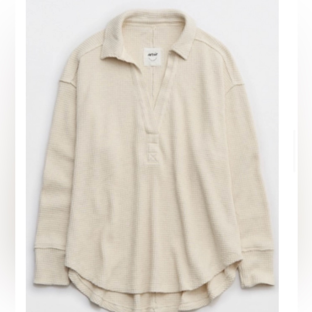 aerie Long Sleeve Waffle Polo Top in Cream